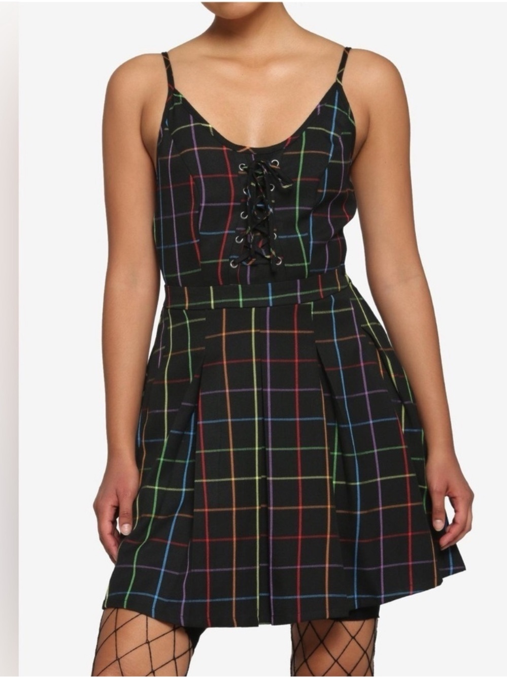 Hot Topic Rainbow Grid Lace up Corset Skater Dress, medium